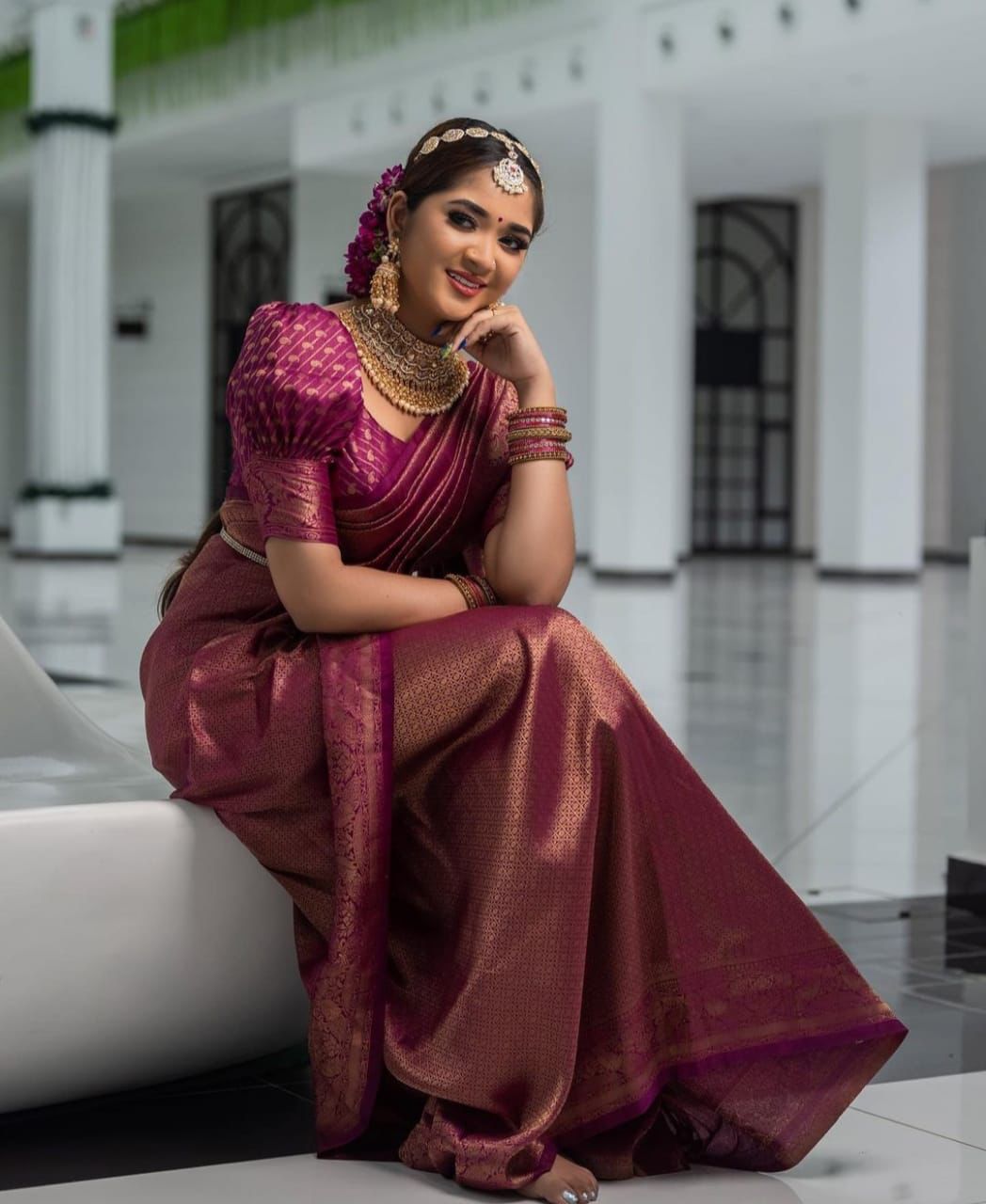 Wine Semi Soft Lichi Silk Saree With Gold Zari Weaving