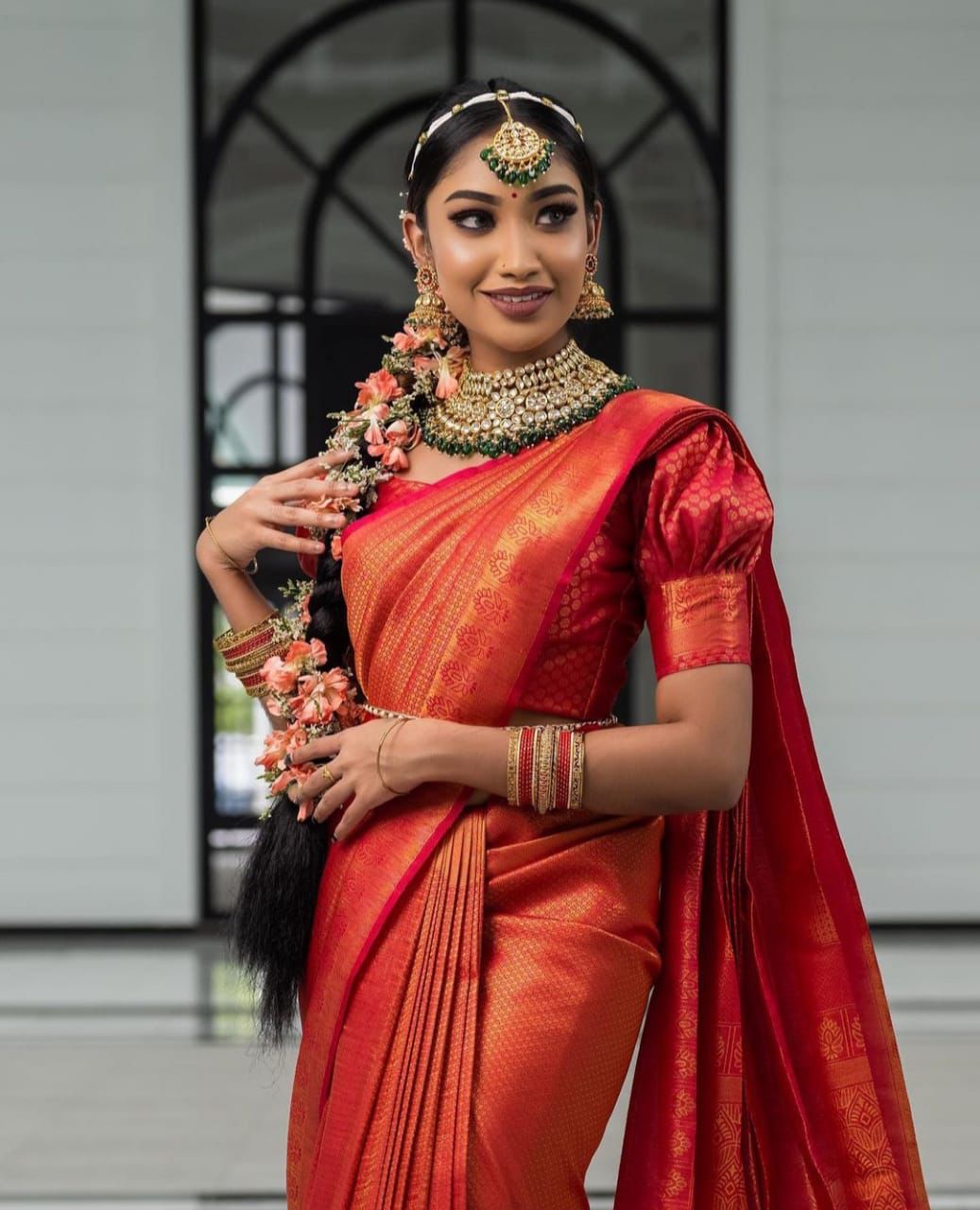 Red Semi Soft Lichi Silk Saree With Gold Zari Weaving