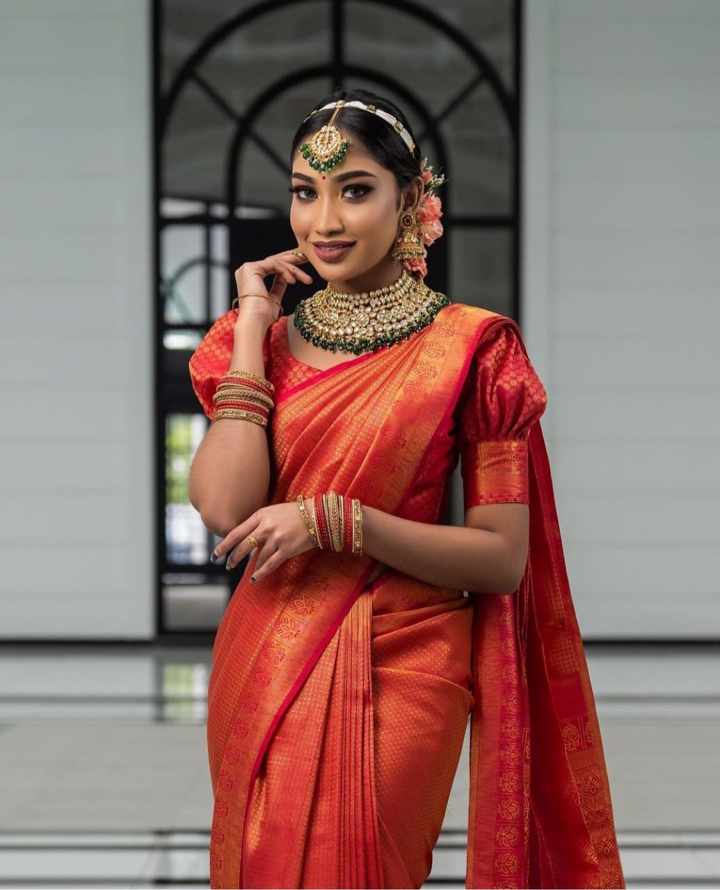 Red Semi Soft Lichi Silk Saree With Gold Zari Weaving