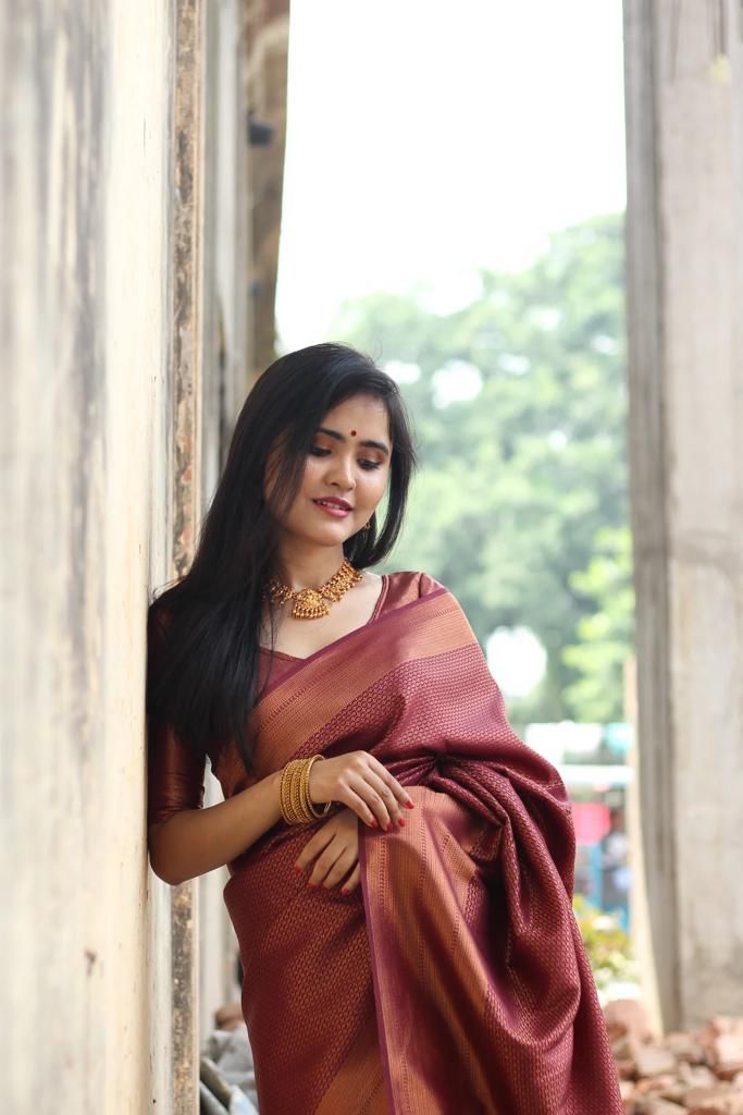 Maroon  Semi Soft Lichi Silk Saree With Copper Zari Weaving