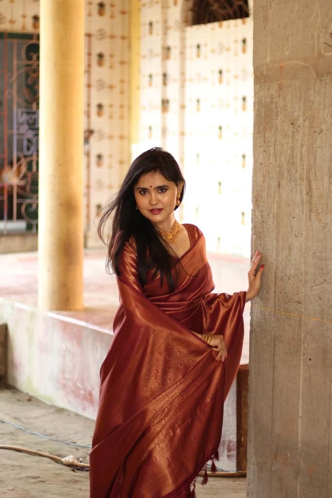 Maroon  Semi Soft Lichi Silk Saree With Copper Zari Weaving