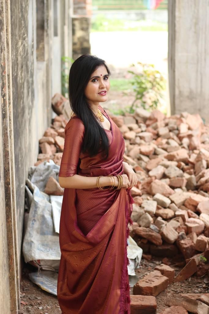 Maroon  Semi Soft Lichi Silk Saree With Copper Zari Weaving