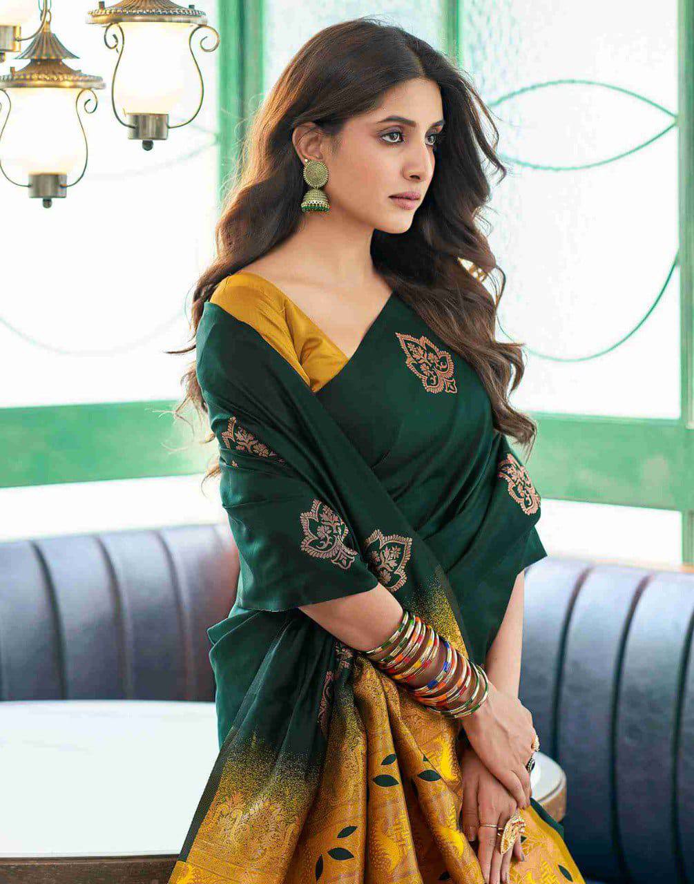 Green Nd Yellow Semi Soft Lichi Silk Saree With Copper Zari Weaving