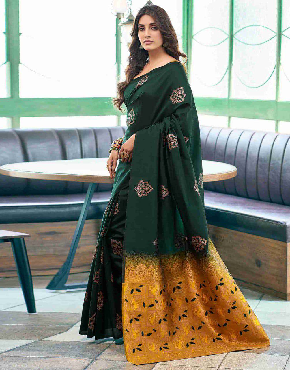 Green Nd Yellow Semi Soft Lichi Silk Saree With Copper Zari Weaving