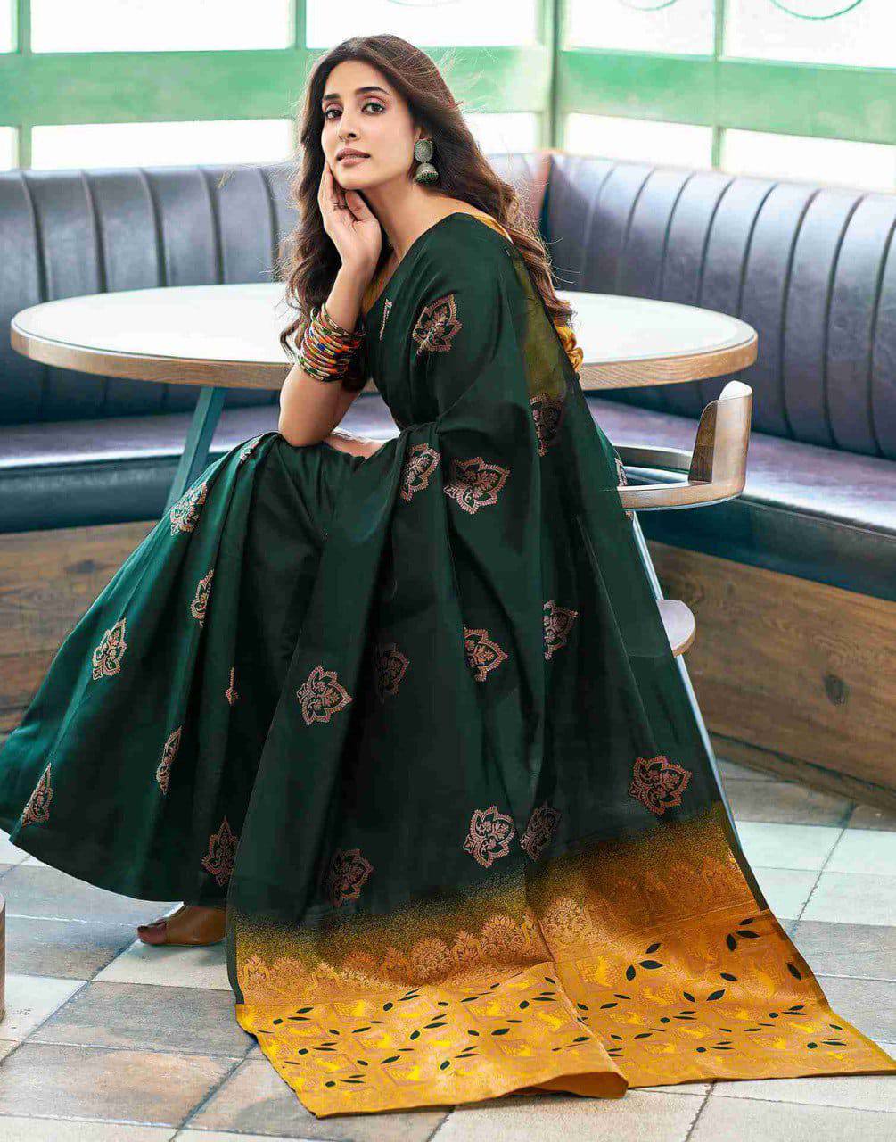 Green Nd Yellow Semi Soft Lichi Silk Saree With Copper Zari Weaving