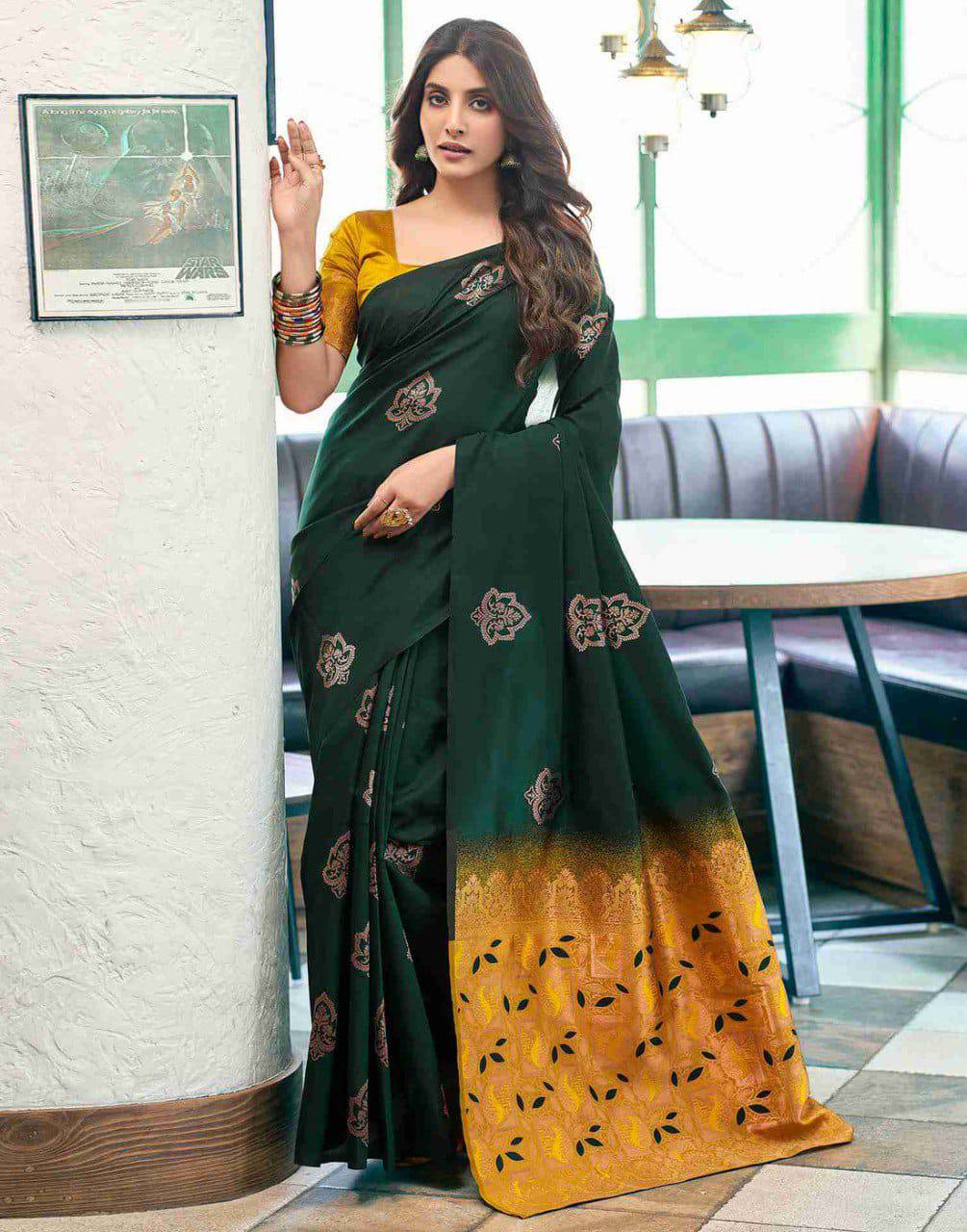 Green Nd Yellow Semi Soft Lichi Silk Saree With Copper Zari Weaving