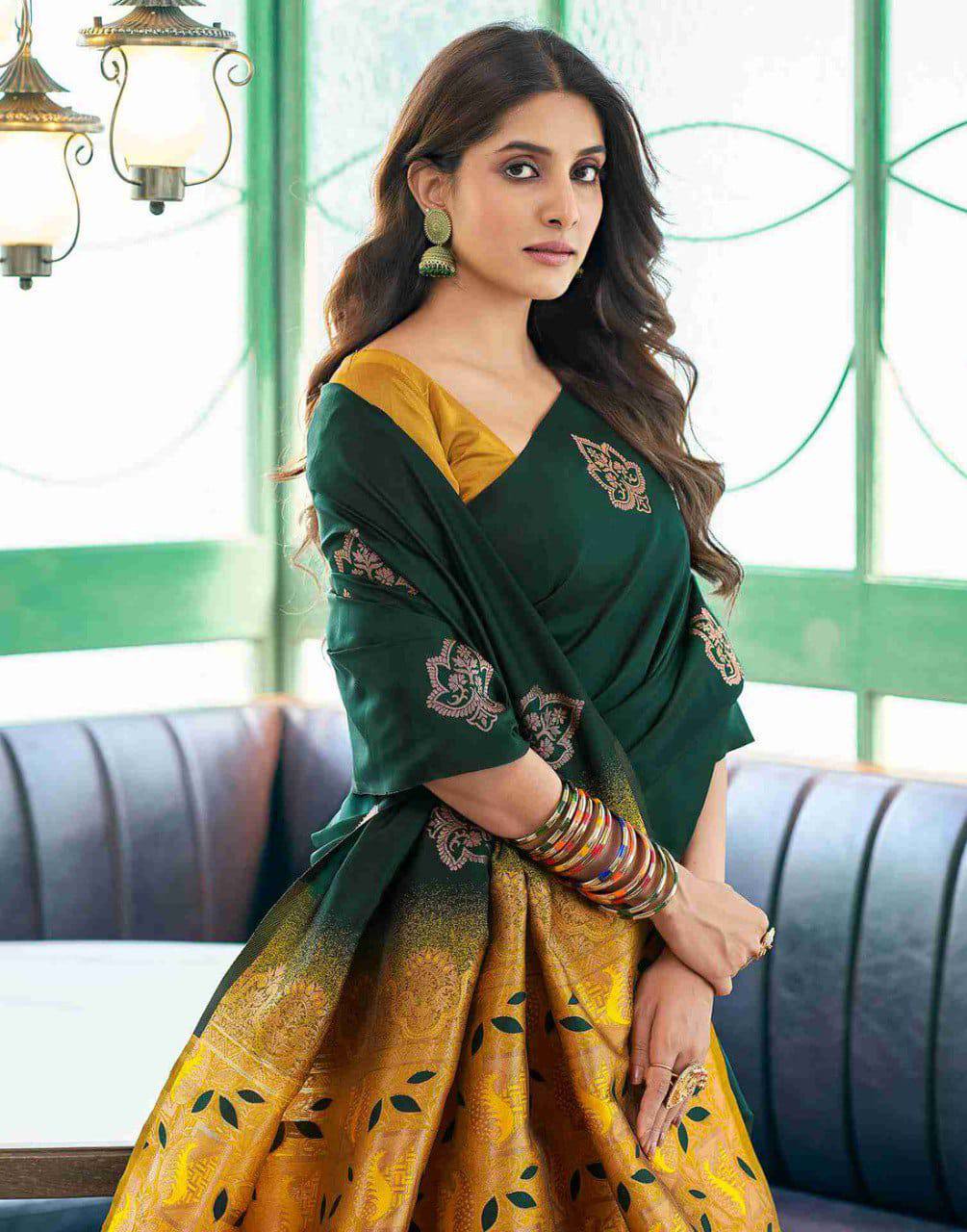 Green Nd Yellow Semi Soft Lichi Silk Saree With Copper Zari Weaving