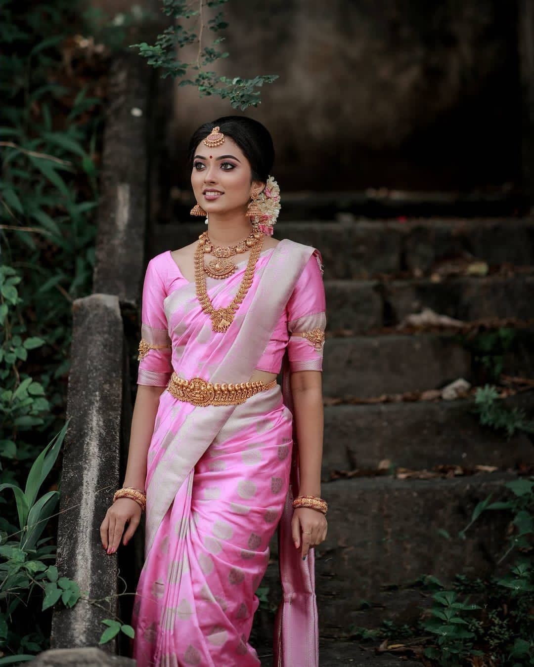 Baby Pink Semi Soft Lichi Silk Saree With Silver Zari Weaving