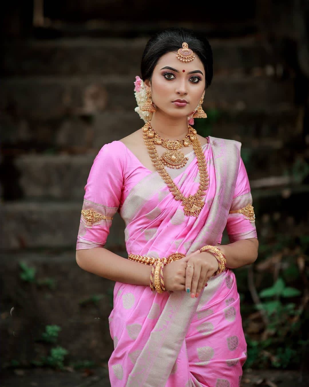 Baby Pink Semi Soft Lichi Silk Saree With Silver Zari Weaving
