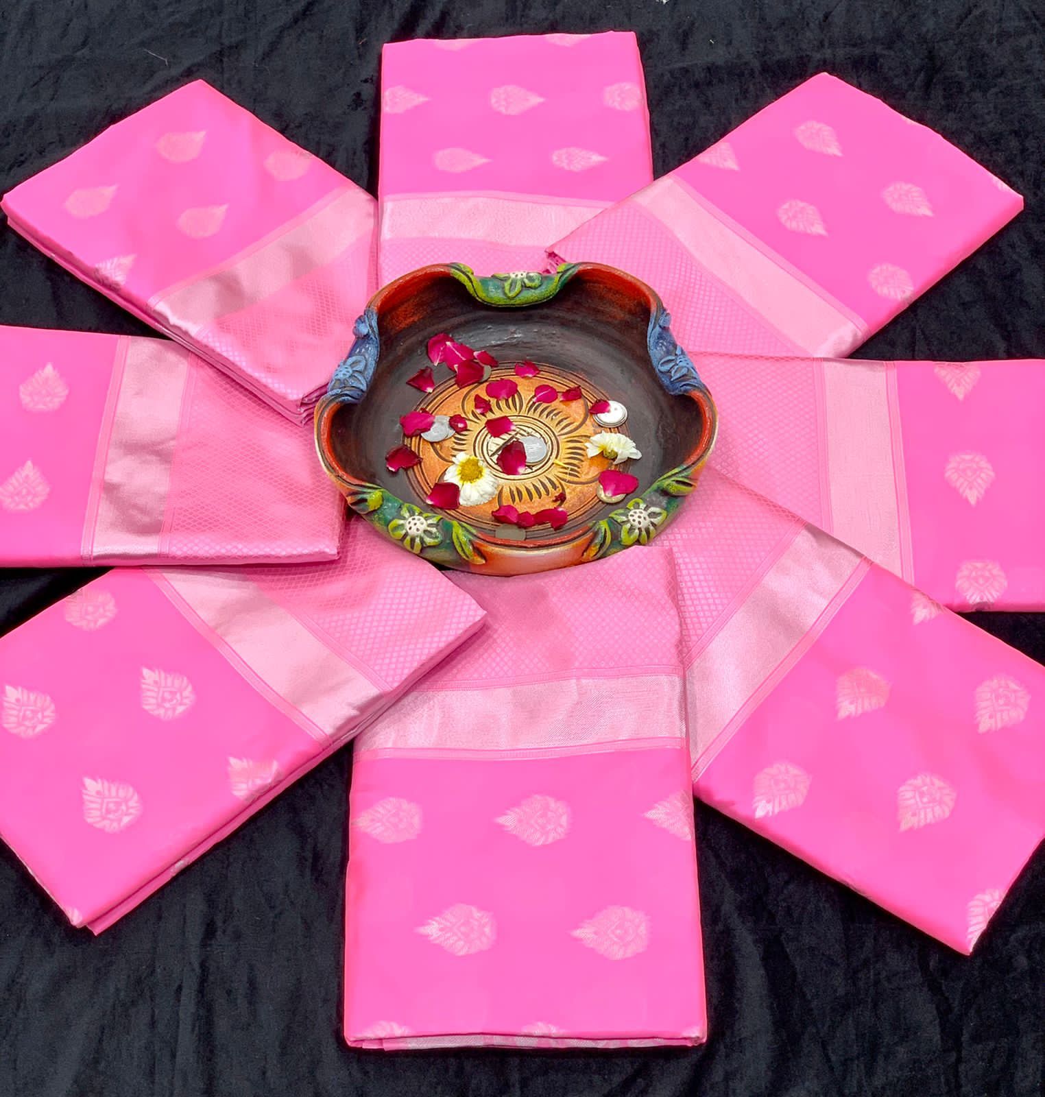 Baby Pink Semi Soft Lichi Silk Saree With Silver Zari Weaving