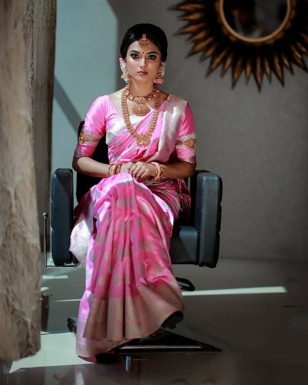 Baby Pink Semi Soft Lichi Silk Saree With Silver Zari Weaving