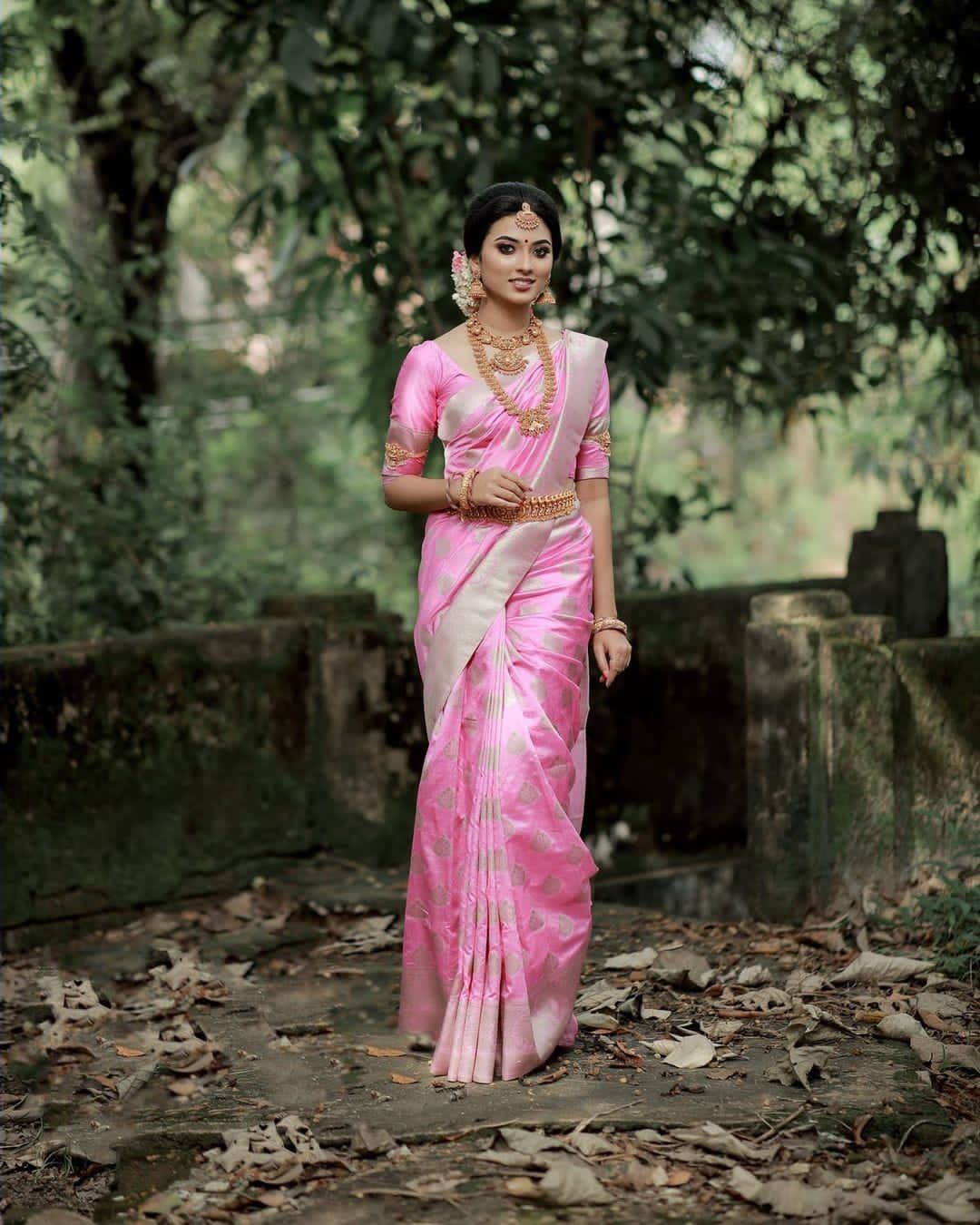 Baby Pink Semi Soft Lichi Silk Saree With Silver Zari Weaving