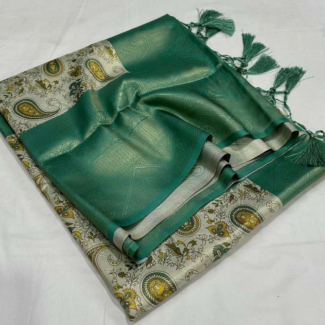 Bottle Green Digital Print semi Softy Silk Saree