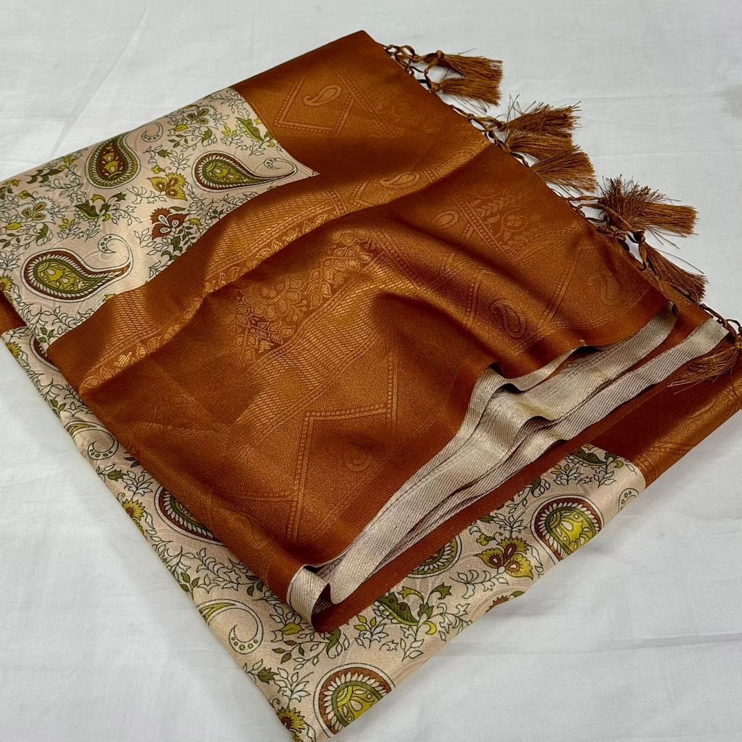 Orange Digital Print semi Softy Silk Saree
