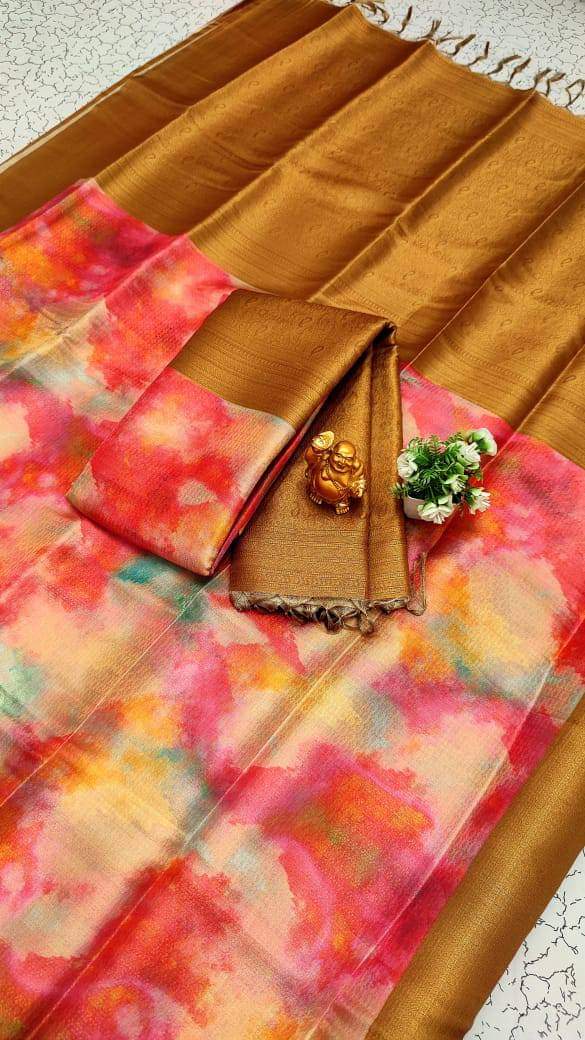 Mustard Digital Print semi Softy Silk Saree